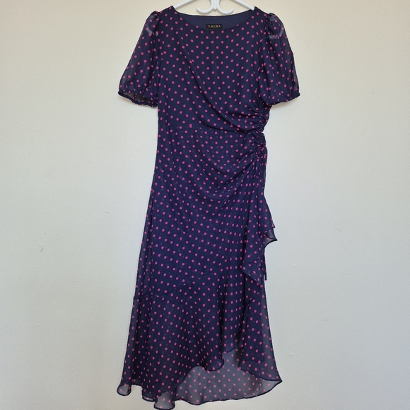 Laura Women's Feminine Navy & Pink Poka Dot Ruffle Asymmetrical Dress Size 4/S - Picture 2 of 9